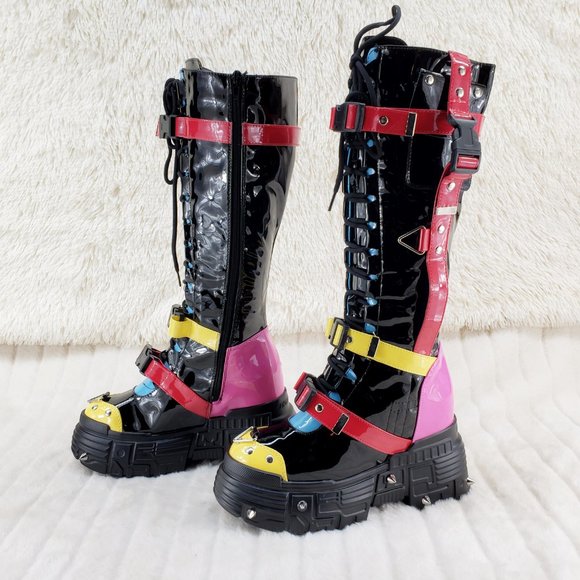 Space Cookies Hidden Wedge Platform Color Block Festival Punk Knee Boots - Picture 7 of 11